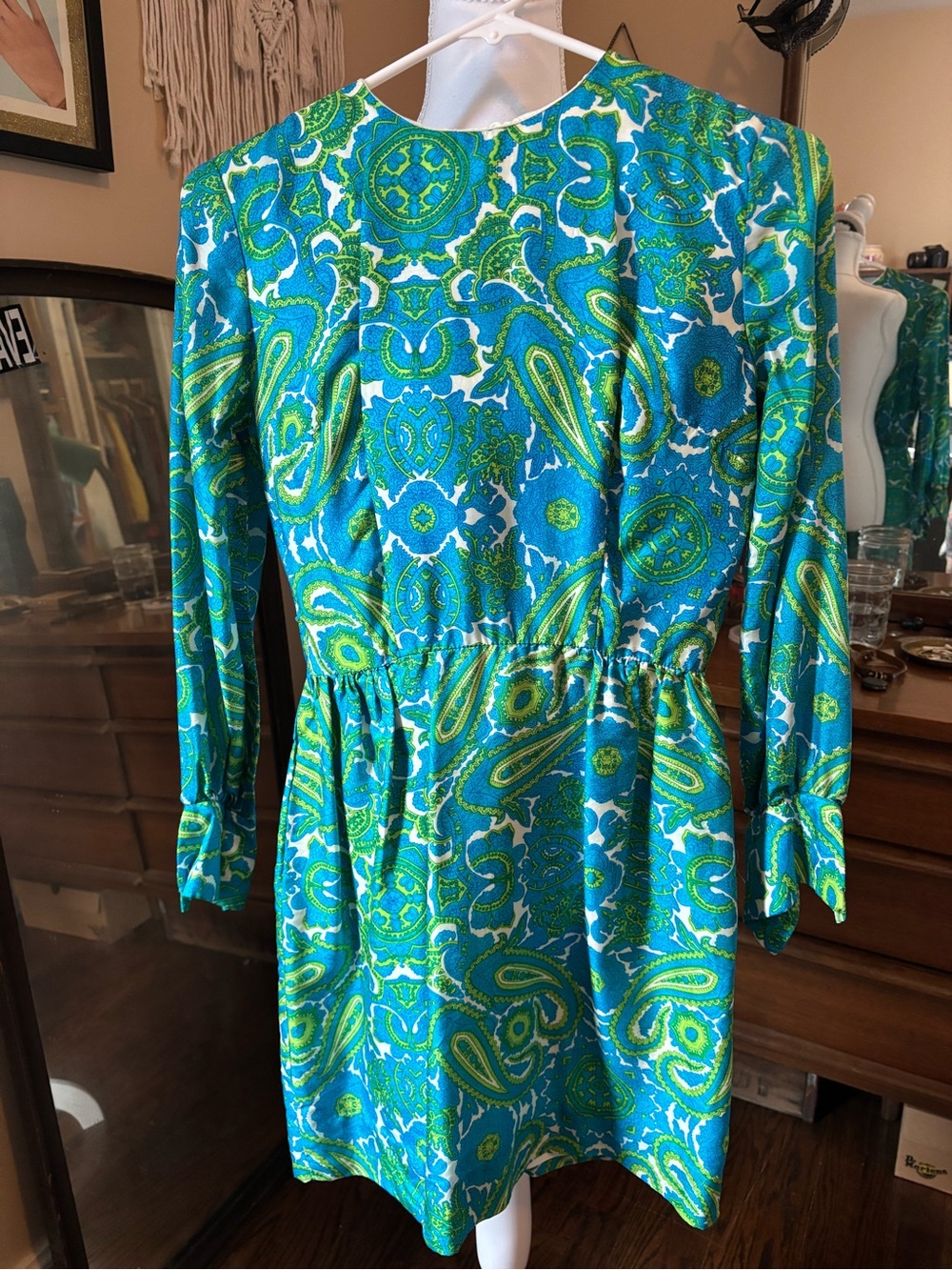 Vintage Handmade Vibrant Blue & Green Paisley Long-Sleeve Dress